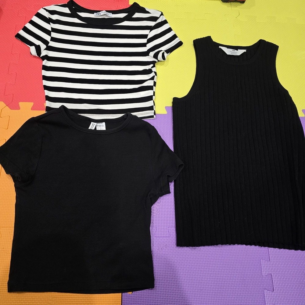 Zara H&M DIVIDED Black White‎ Striped Ribbed Tops Lot of 3 Size Small XS 170